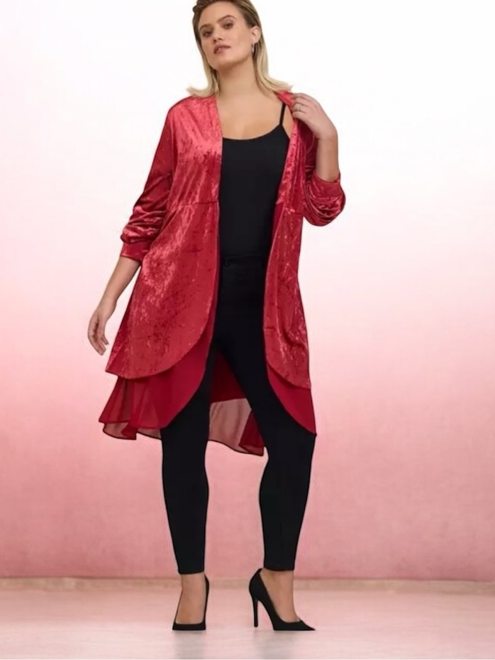 Torrid Red Velvet Chiffon Mixed Media Open Front Hi Lo Long Sleeve Drape Kimono